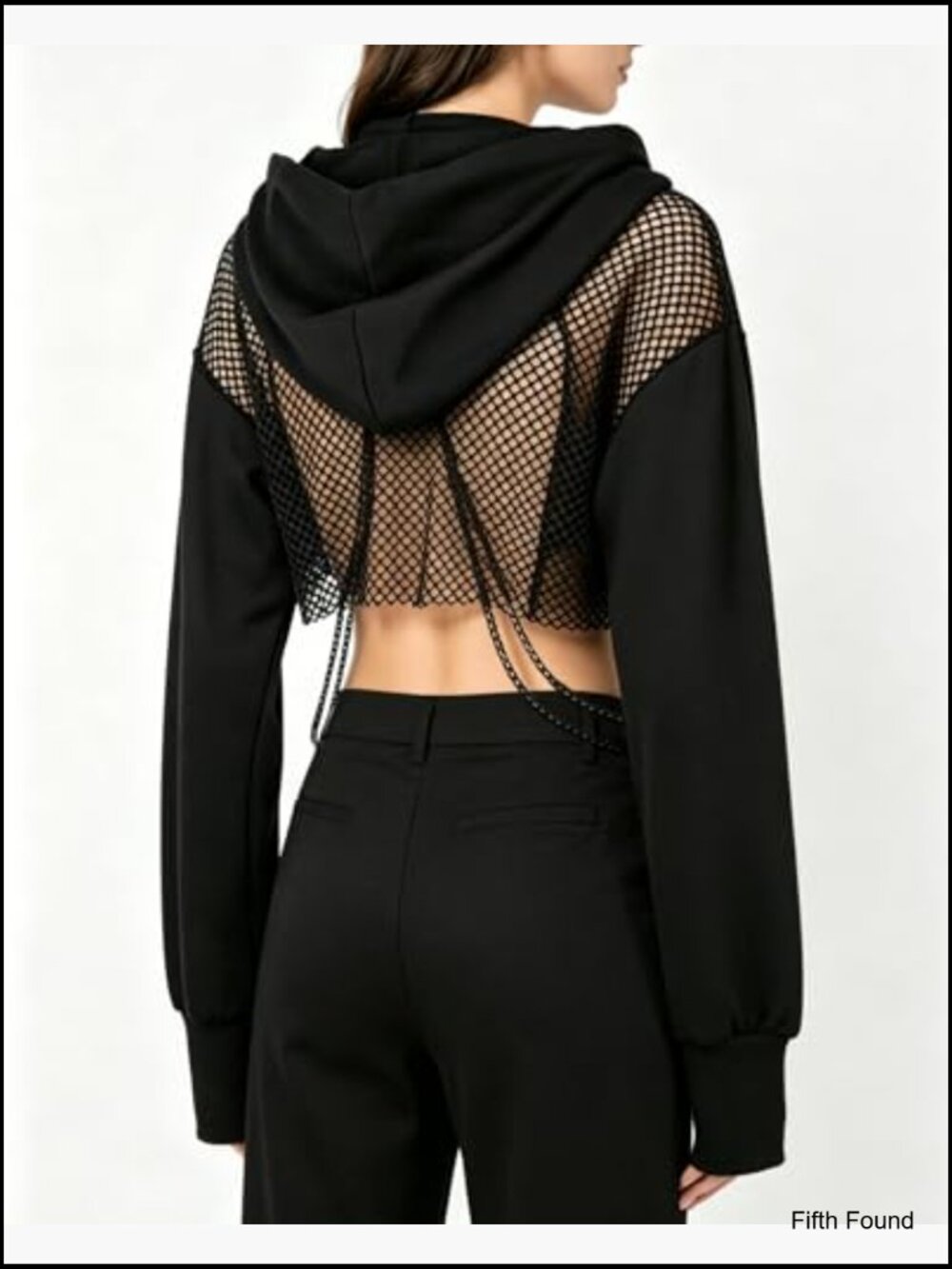 Fishnet Cropped Hoodie with Chain Long Sleeve Mesh Top Festival Rave Outfits - Picture 2 of 7